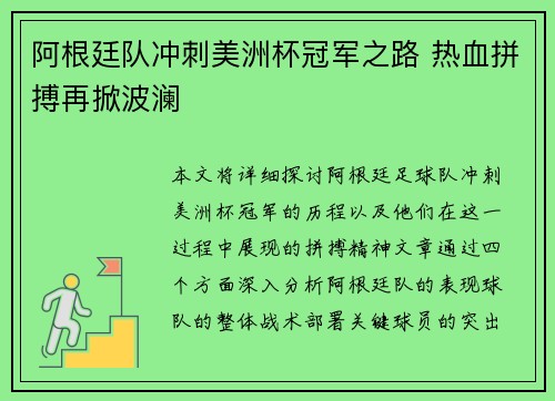 阿根廷队冲刺美洲杯冠军之路 热血拼搏再掀波澜