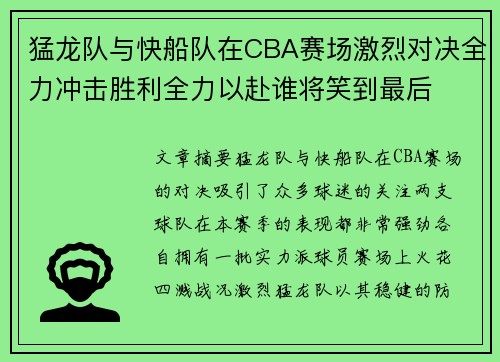 猛龙队与快船队在CBA赛场激烈对决全力冲击胜利全力以赴谁将笑到最后