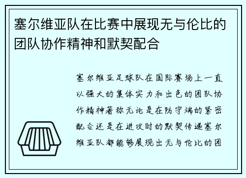 塞尔维亚队在比赛中展现无与伦比的团队协作精神和默契配合